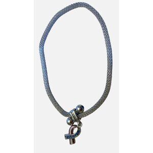 Silver Mesh Bracelet With Blue & Red Rhinestone Ribbon Pendant